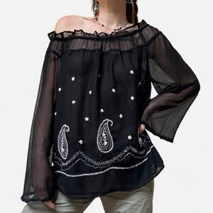 Black mesh off the shoulder blouse with paisley embroidery